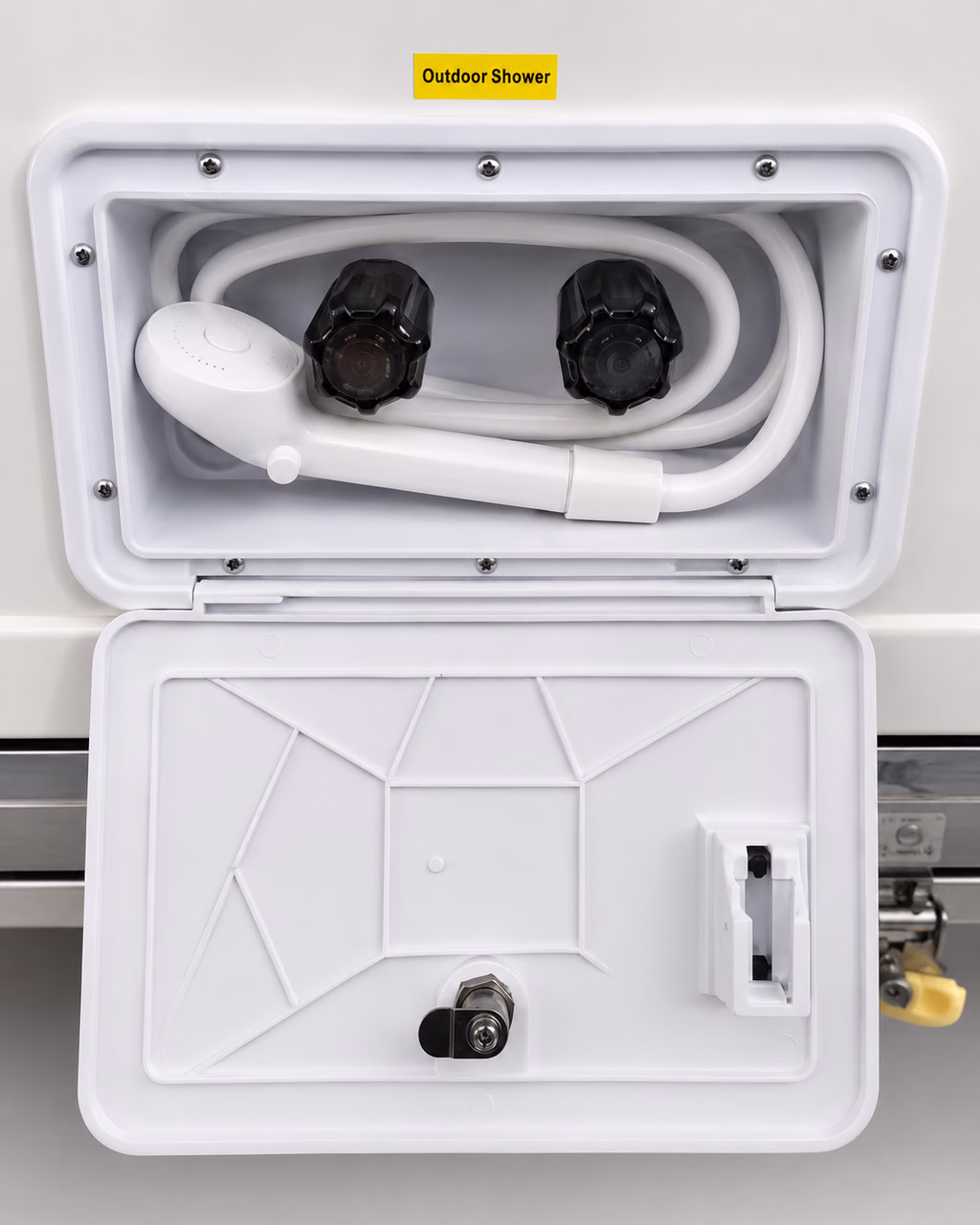 Lockable exterior shower with hot and cold water controls
