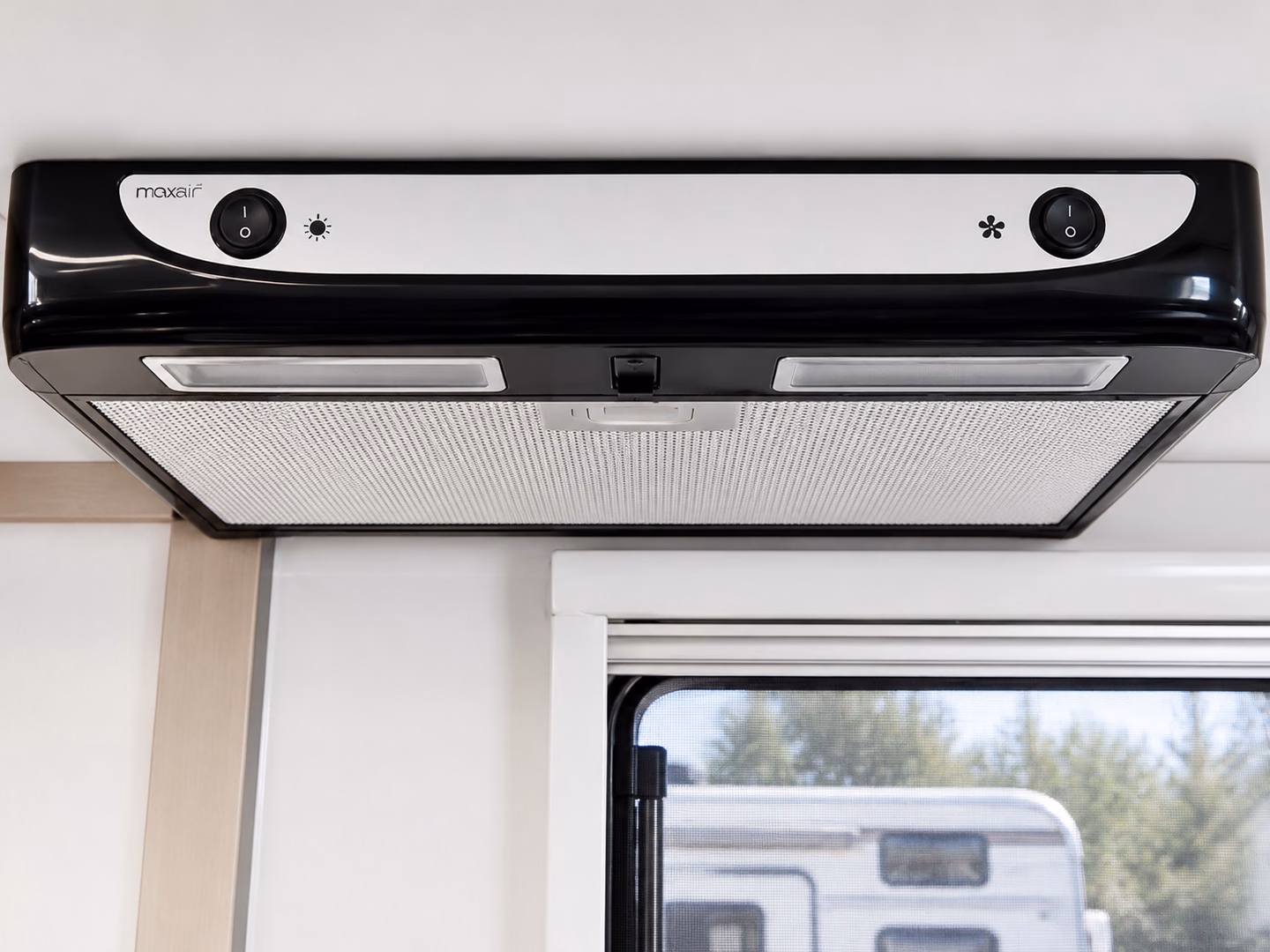 Maxxair camper range hood with integrated lights