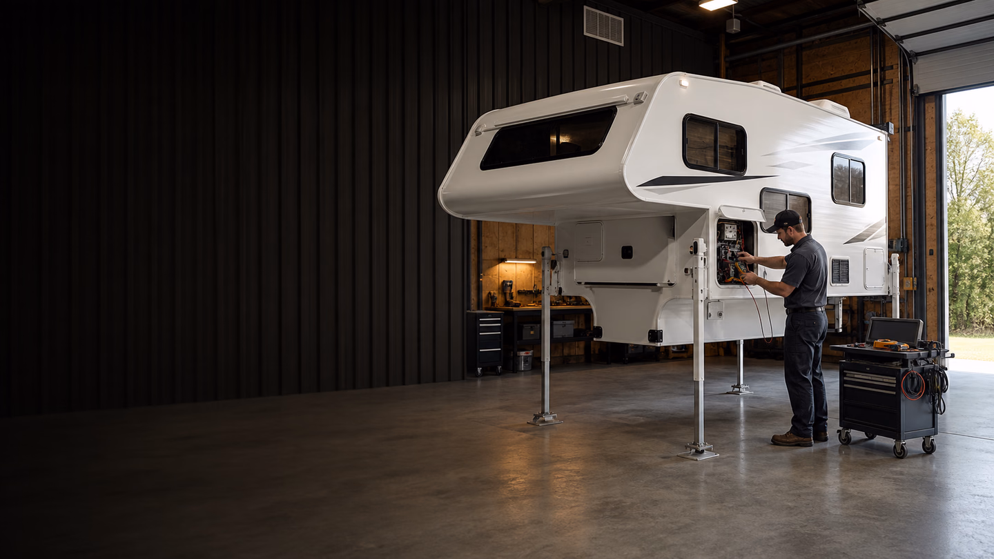 Kalowen camper in a service bay during a technical inspection.